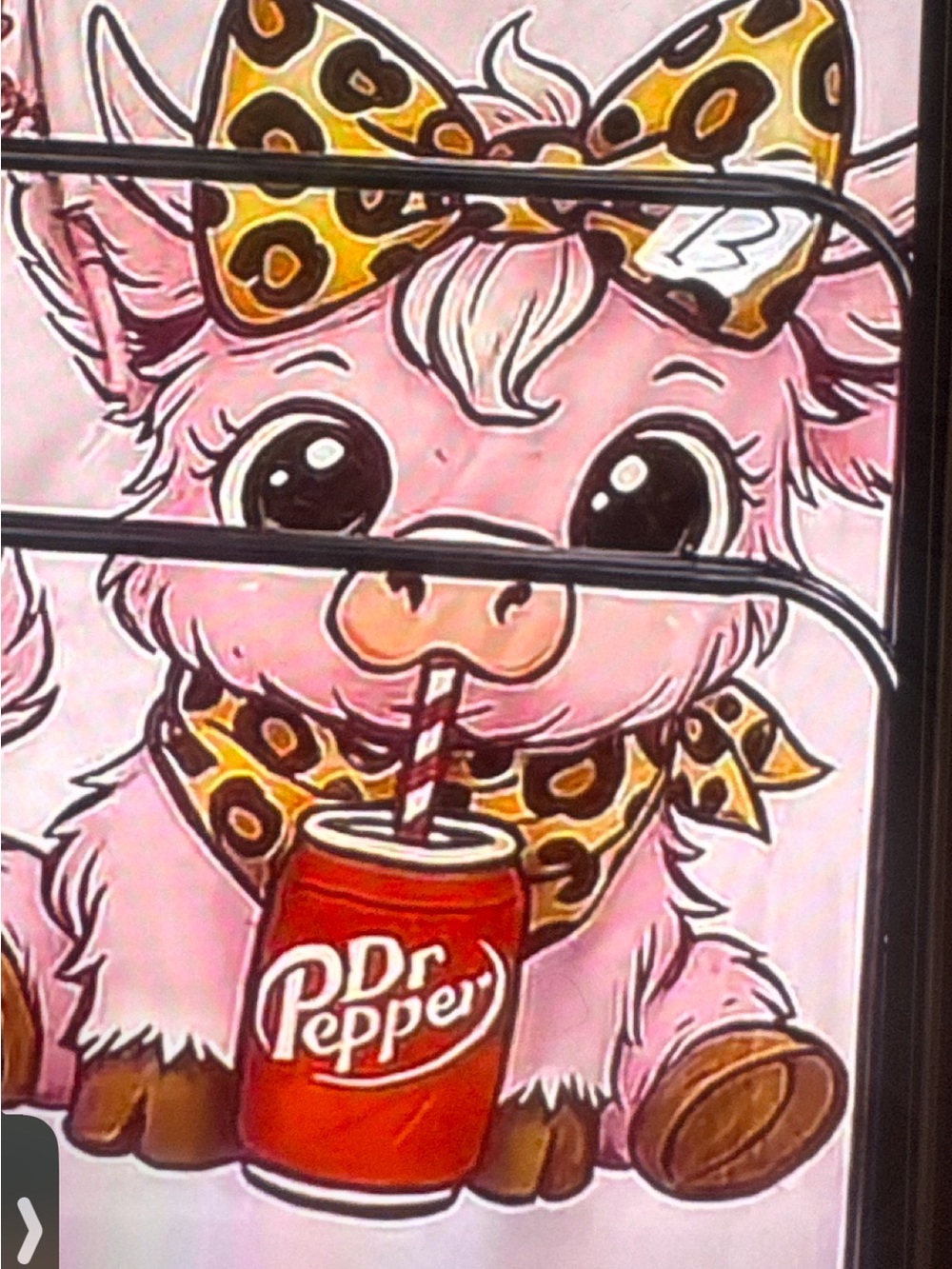 Cute Pink Cartoon cow with Leopard Bow and Dr Pepper Can